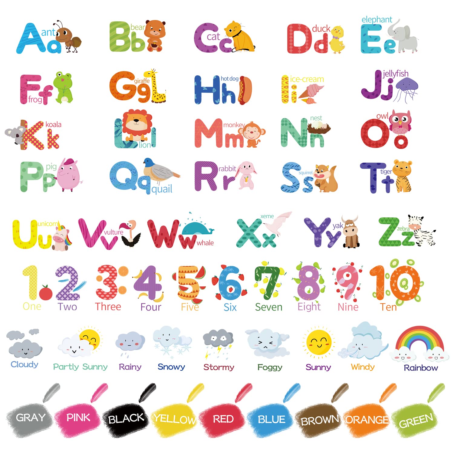 ABC Alphabet Number Wall Stickers, Learning Alphabet Numbers Color Weather Wall Stickers, Peel and Stick Removable Wall Decals for Nursery Bedroom Living Room Classroom Decor