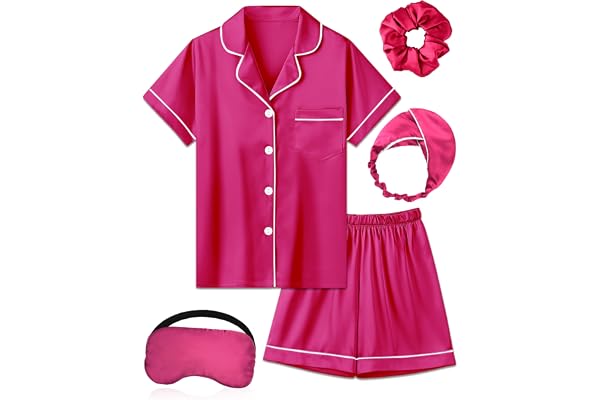 ALHAVONE Kids Girl Pajama Set with Headband Blindfold Hair Tie Toddler Boy Girl Satin Silky Button-up Pajama Sleepwear