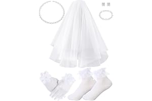 Newcotte 6 Pcs First Communion Veil Catholic Set Girl Communion Veil, Gloves, Lace Socks, Pearl Necklace, Bracelet, Earrings