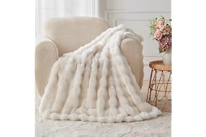 Lotus Karen Faux Fur Blanket Cream White Twin Size - Big Bubble Rabbit Fluff Blanket for Couch, Small Fluffy Fuzzy Cozy Blanket, Thick Furry Plush Shaggy Blankets, 60x80 Inches