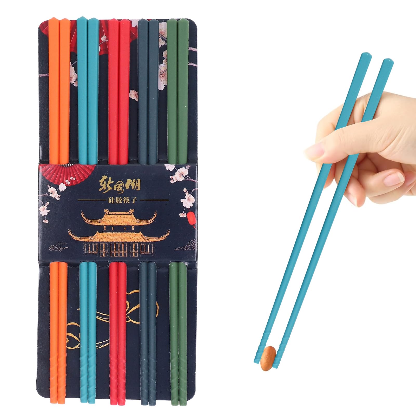 Chopsticks Reusable, Silicone Stainless Steel Chopsticks, Chopsticks for Home, Lightweight Non-Slip Cooking Chopsticks Chop Sticks Set, Dishwasher Safe, for Dumplings, Noodles, 5 Pairs, 24cm