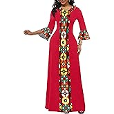 FANDEE Elegant Maxi Long V-Neck Casual Dress for Women, Bell Sleeve African Print Dresses for Cocktail Party（M-3XL）