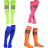 SATINIOR 4 Pairs Colorful Neon Knee High Socks Colorful Striped Football Soccer Athletic Socks for Adult Women(Pink, Orange, Green, Blue)