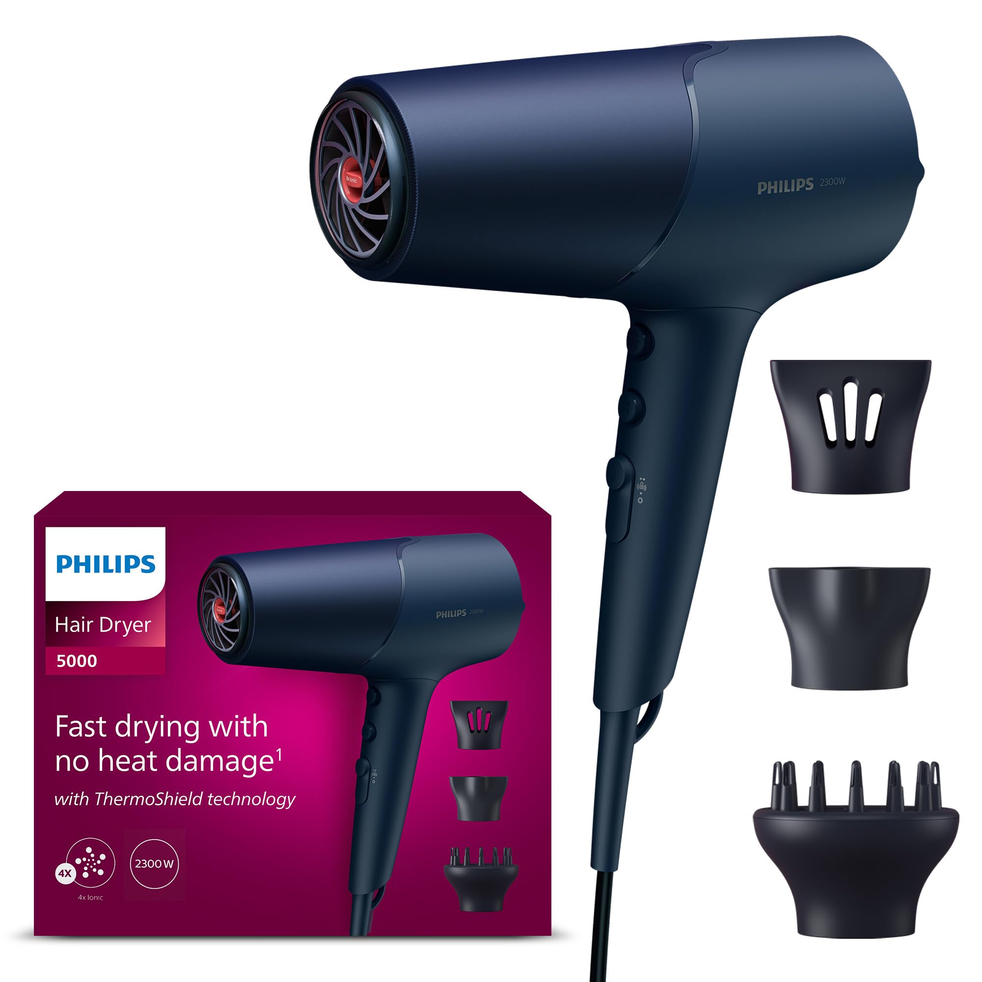 Philips Asciugacapelli Serie 5000, tecnologia ThermoShield, agli ioni, 2300°W, blu metallizzato, con beccuccio per styling da 9°mm e 11°mm, diffusore, BHD510/20