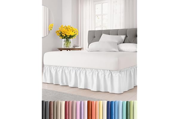 Wrap Around Dust Ruffle Bed Skirt - White - for Queen Size Beds with 12 Inch Drop - Easy Fit Elastic Strap - Adjustable Pleat