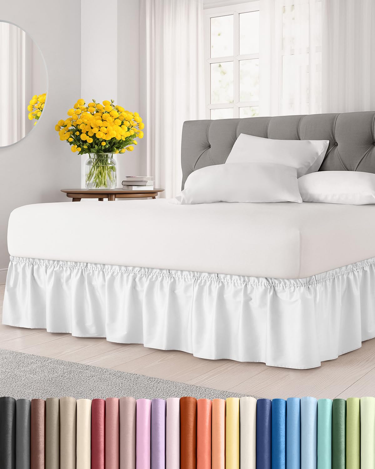 Photo 1 of Wrap Around Dust Ruffle Bed Skirt - White - for Queen Size Beds with 18 Inch Drop - Easy Fit Elastic Strap - Adjustable Pleated Bedskirt w/Brushed Fabric - Wrinkle Free - for Women, Men, Kids & Teens