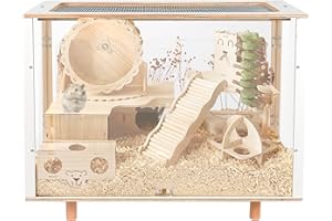 Cawuwe Wooden Hamster Cage Large for Small Animal Habitat for Rabbits Guinea Pigs Chinchillas Syrian Hamsters Home with Acrylic Transparent Board Oblique Opening Hamster Play House