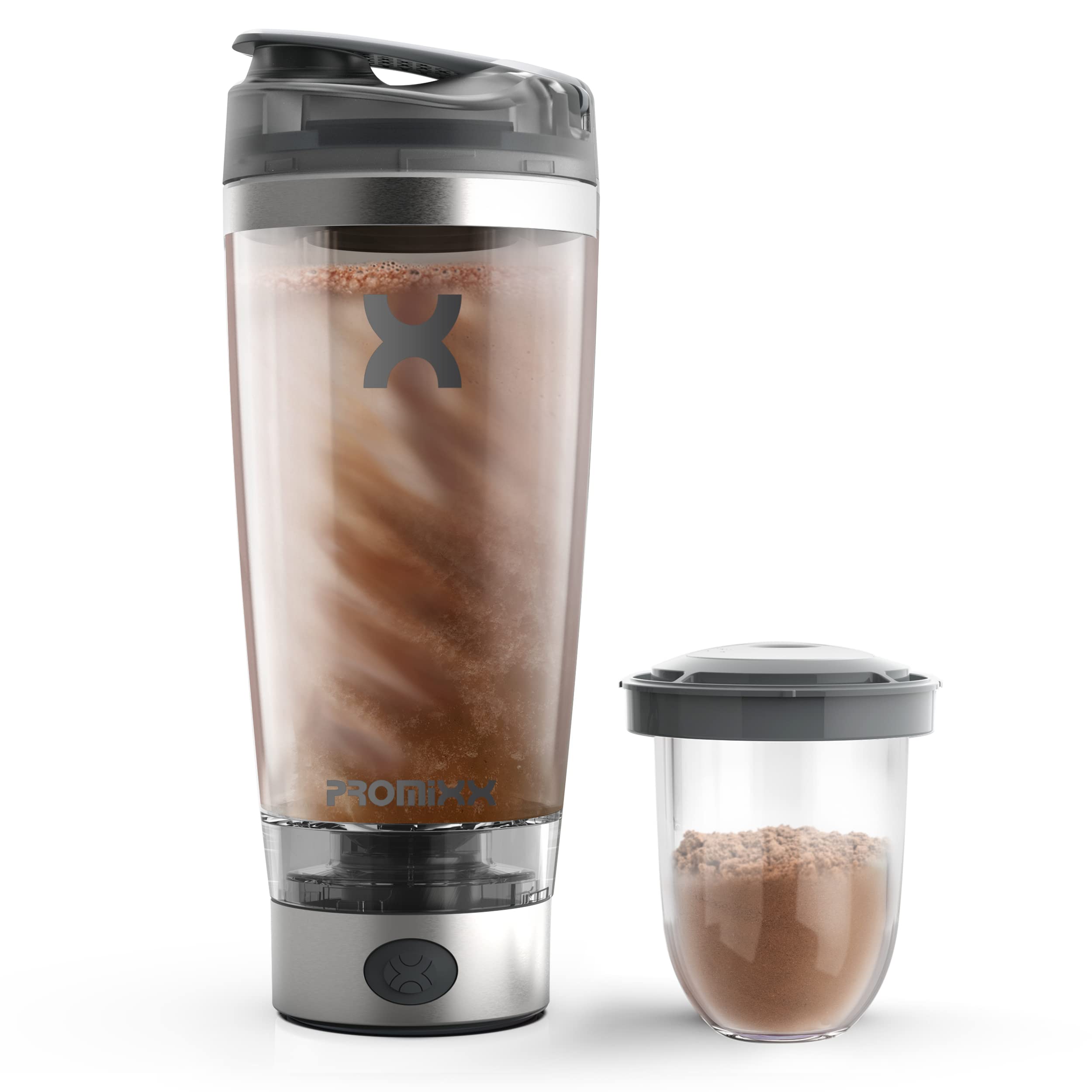 Photo 1 of Promixx Pro Shaker Bottle | Rechargeable, Powerful for Smooth Protein Shakes | includes Supplement Storage - BPA Free | 20oz Cup (Silver White/Gray)