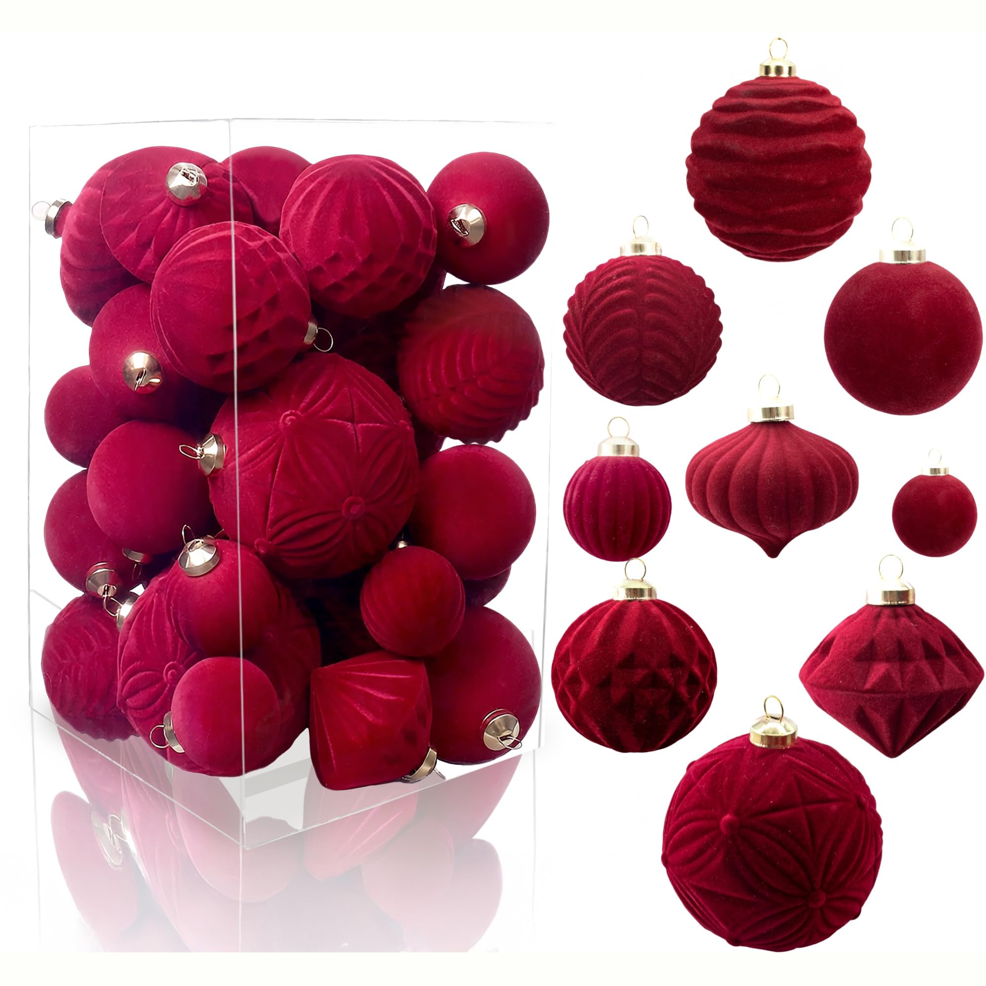 View 1 of 42PCS Red Velvet Christmas Ball Ornaments, Flocked Vintage Rustic Farmhouse Baubles in Assorted Sizes for Xmas Tree Decorations, Hanging Ornaments for Home, Party & Wedding Décor (Burgundy Red)