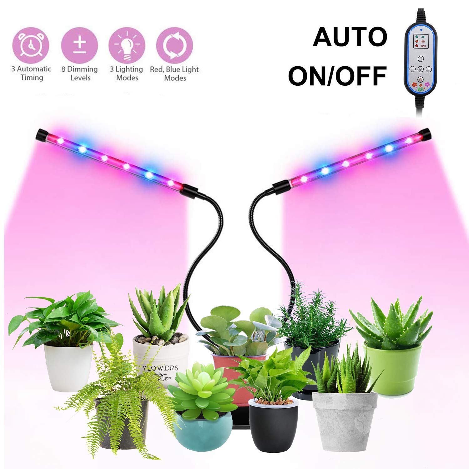 Plant Grow Lights, 24W Grow Light for Indoor Plants, Auto Turn ON&Off Every Day, 8 Dimmable Levels,4/8/12H Memory Timing, 360°Adjustable Gooseneck for Greenhouse Hydroponics Gardening by Elivern