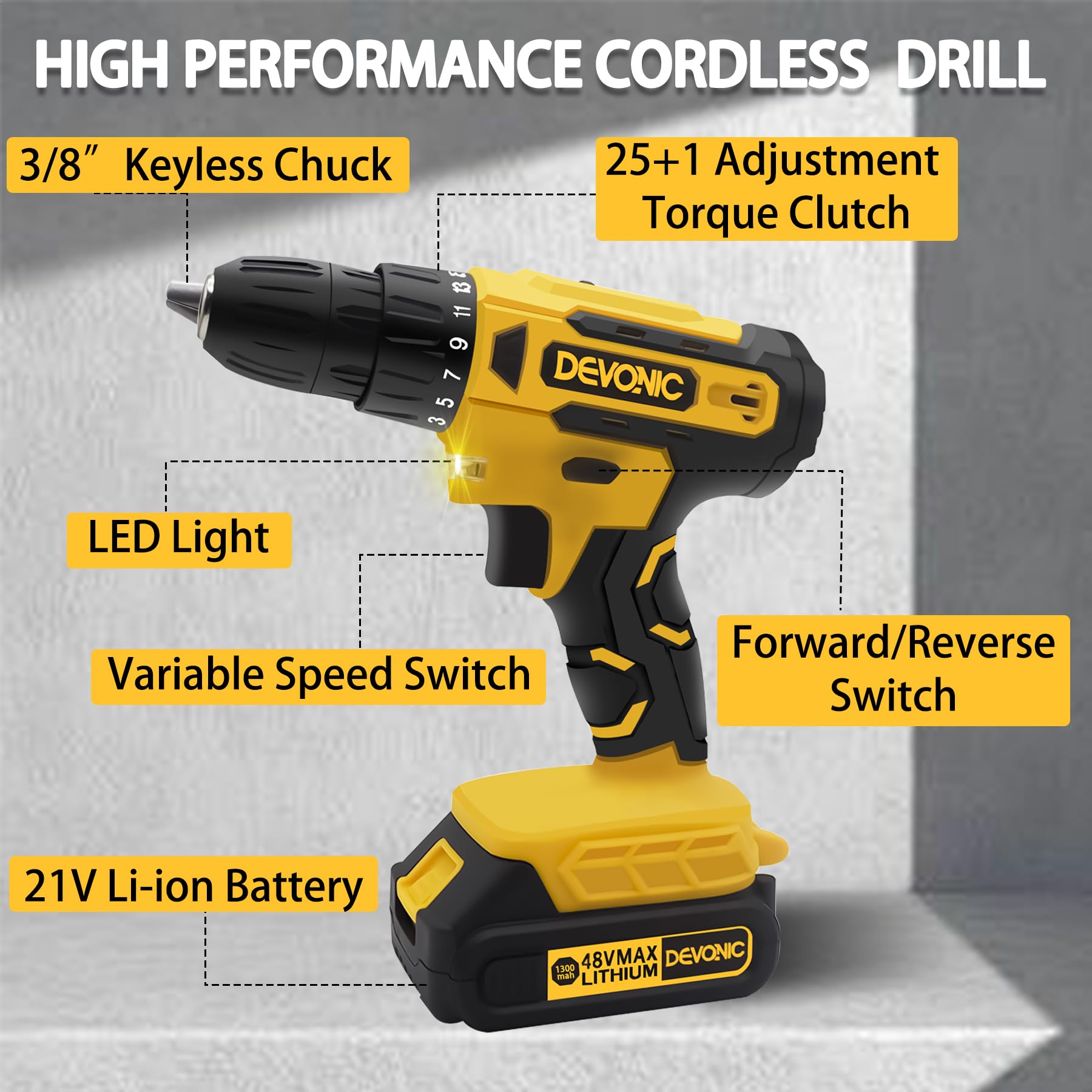 DEVONIC Cordless Drill Set,21V Electric Drill with 1 Lithium Battery and Charger,3/8
