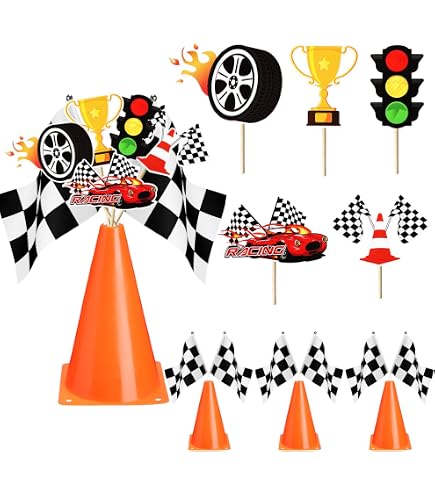 YOELVN Race Car Party Decorations - 38-Piece Set With Cones, Checkered Flags, Racetrack Runner