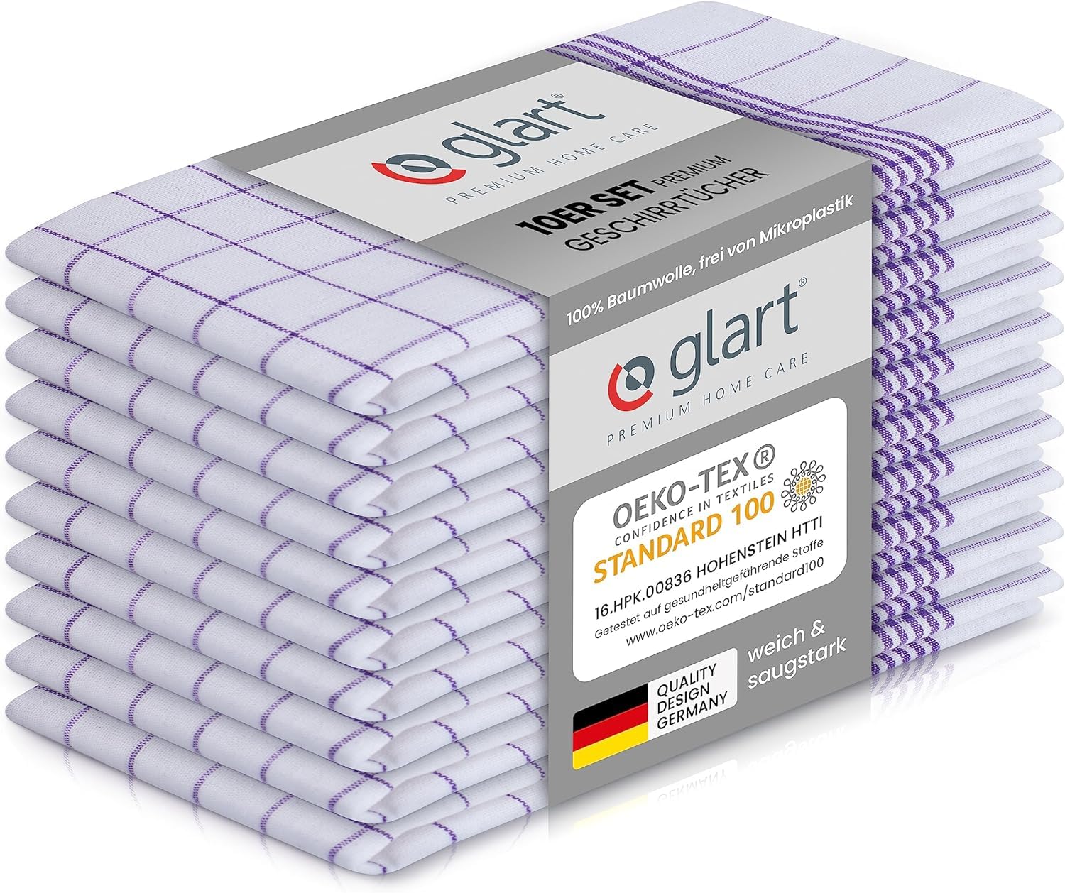 Glart 48KV2 10-piece set of dish towels kitchen towels dish cloths kitchen cloths, 50x70 cm, 100% cotton Oeko-TEX, checkered, pre-washed, purple check