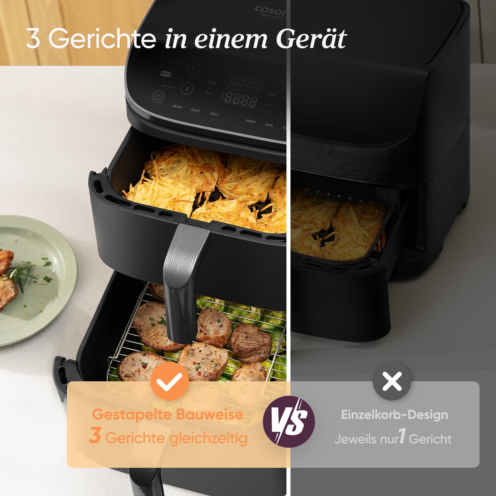 COSORI Airfryer, Heißluftfritteuse 2 Kammern, 10,8 L Heissluftfritteuse, Innovative Mehrfach-Luftgeschwindigkeit, Spart 41 Prozent Platz, Inklusive Rezeptbuch und Edelstahl-Rost, Silbergrau 8
