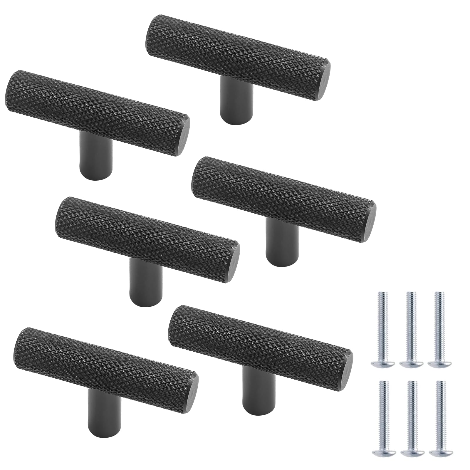 Cjueiom 6 Pack Matt Black T Bar Kitchen Cabinet Knobs, 50mm Length, Knurled Design with Diamond Pattern, Wardrobe Door Knobs