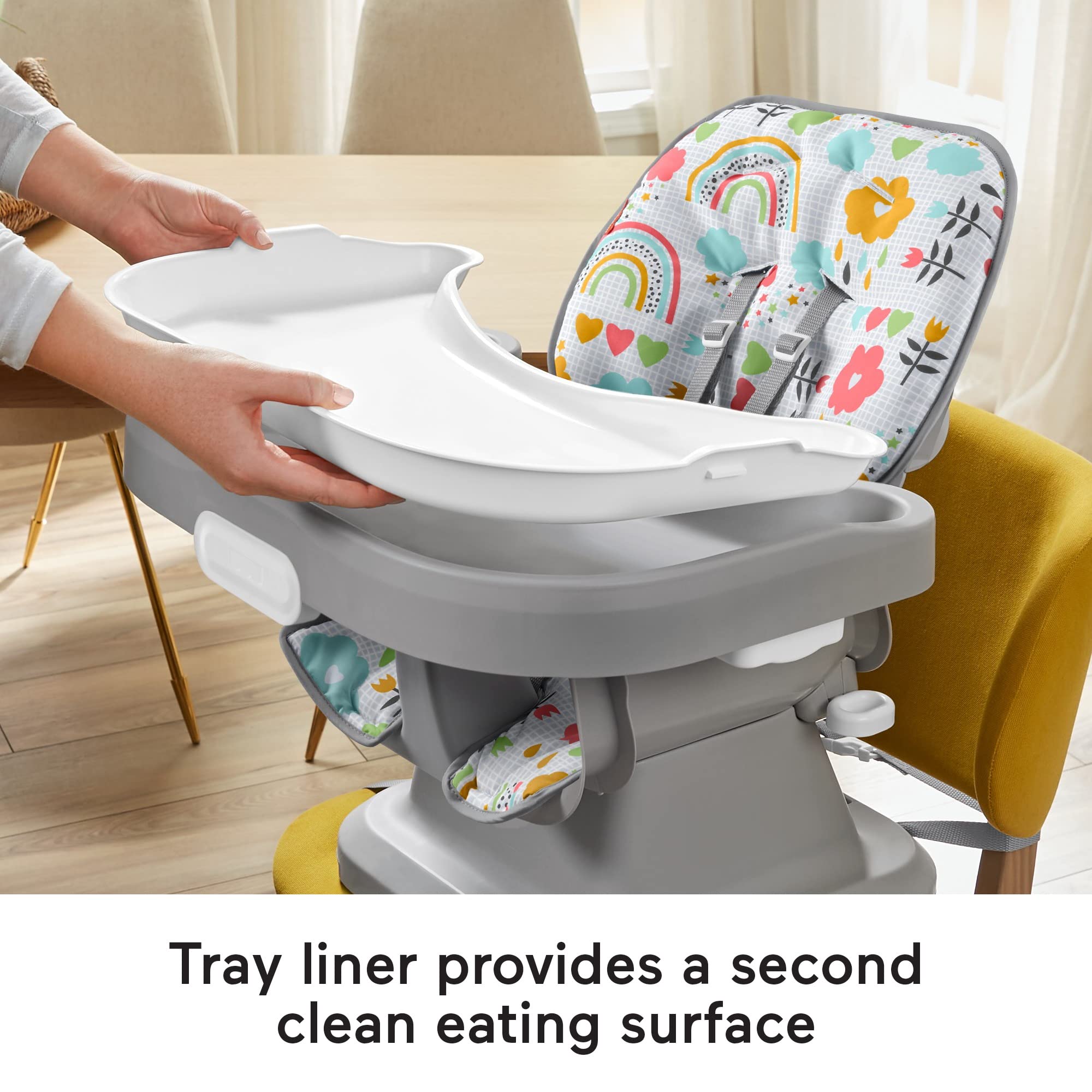 Fisher-Price Baby to Toddler High Chair SpaceSaver Simple Clean Portable Dining Seat & Booster with Washable Deep Tray & Liner, Sun Showers