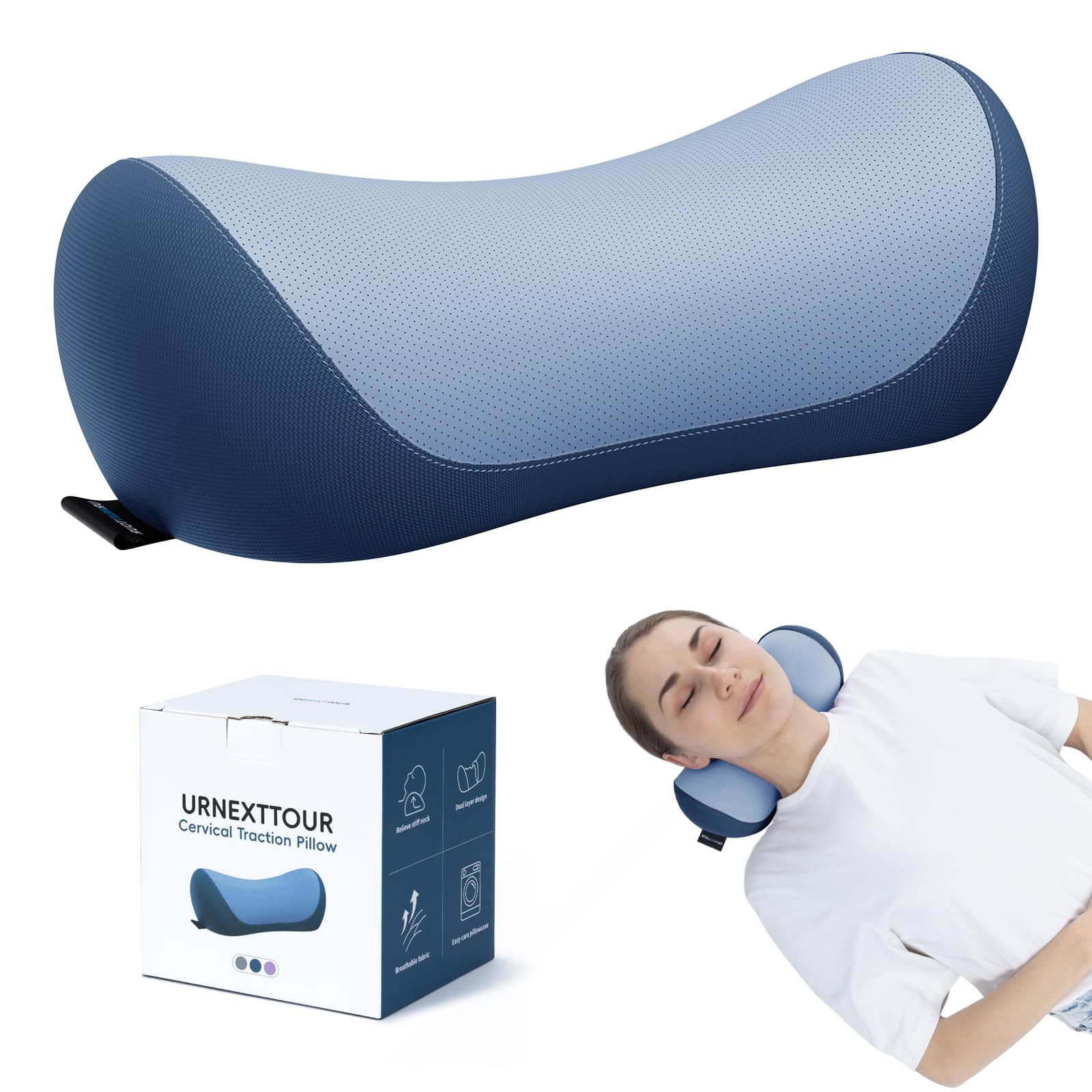 Photo 1 of urnexttour Neck Cervical Pillow Cervical Traction Device Lumbar Support Memory Foam Roll Pillow Muscle Relief Shoulder Pain Relaxer Blue