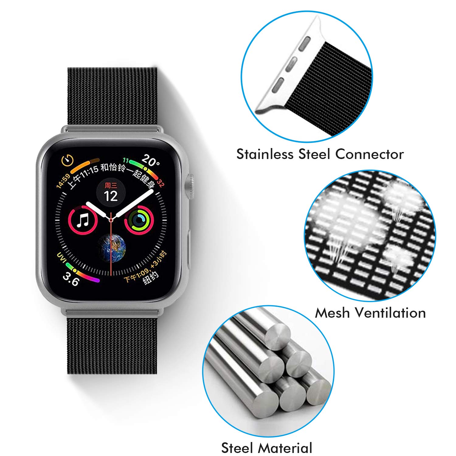 Compatible for Apple Watch Band 42mm 44mm, Stainless Steel Mesh Loop Bands with Adjustable Magnetic Closure Replacement for Iwatch Series 4 Black
