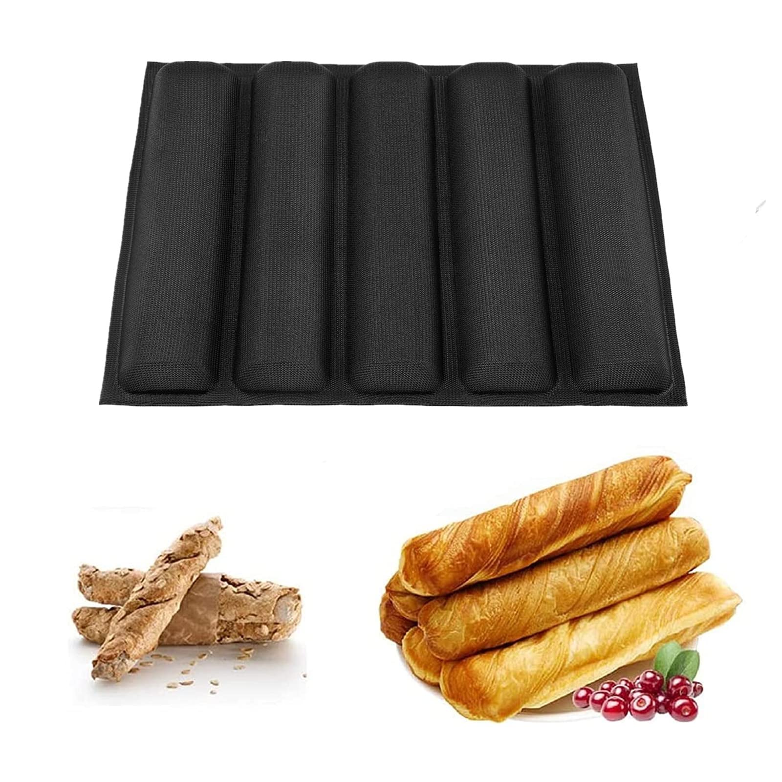 Zerodis Silicone French Bread Bakeware Tray Pan 5 Loaf Rectangular Baking Liners Mat Reusable Non-Stick Hot Dog Bread Molds