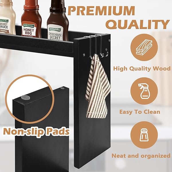 KORETECH OVER THE STOVE SHELF, WOOD STOVE TOP SHELF,31.5″ STOVE TOP ORGANIZER SHELVES WITH 6 HOOKS,11.5″ HEIGHT OVER STOVE SPICE RACK FOR KITCHEN, BLACK