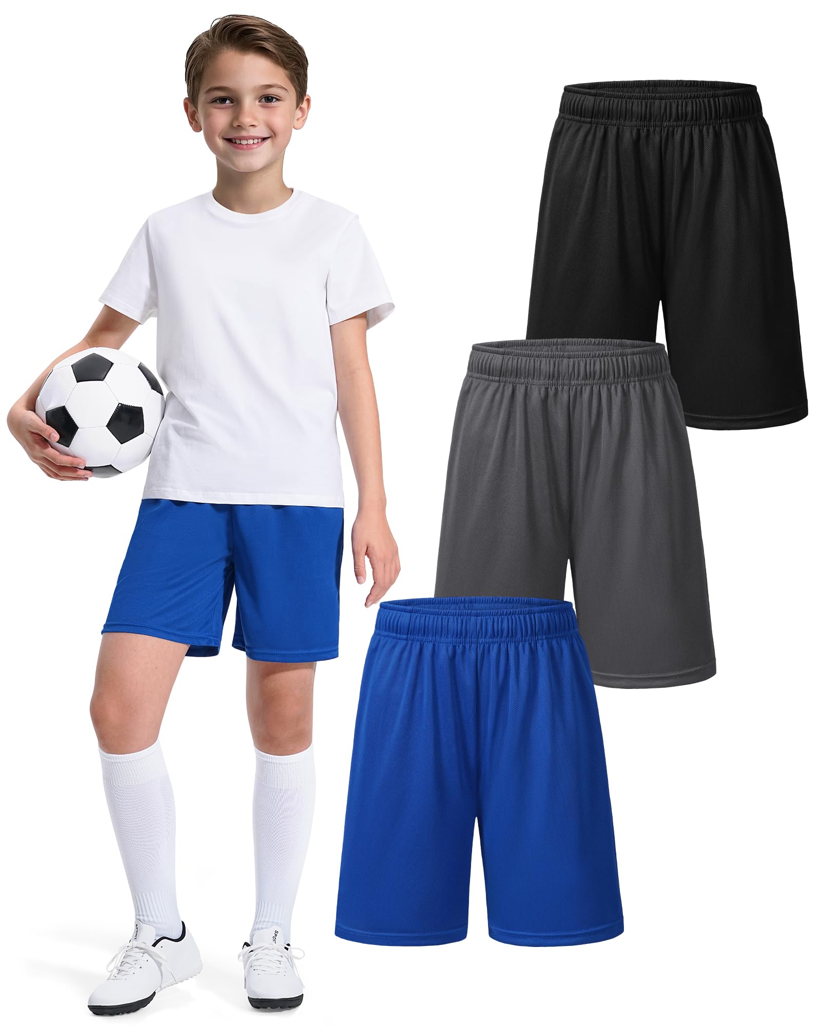 Photo 1 of ZUEMET 3 Pack Boys Basketball Shorts Kids Youth Athletic Shorts Quick Dry Sport Clothes with Pockets Size 11-12 Years Black+Dark Grey+Blue