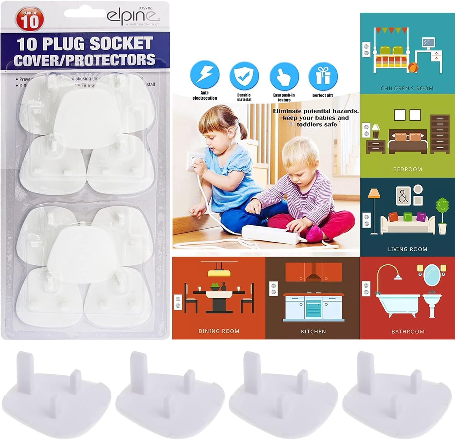 T&B® 20 Pack Plug Socket Covers UK, Child Safety Plug Socket Sovers Baby UK, Socket Protectors for Sockets UK - White