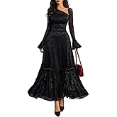 GothDark Women's Maxi Floral Dress A Line One Shoulder Lace Sheer Long Sleeve Ruffle Hem Formal Party Date Night Dress
