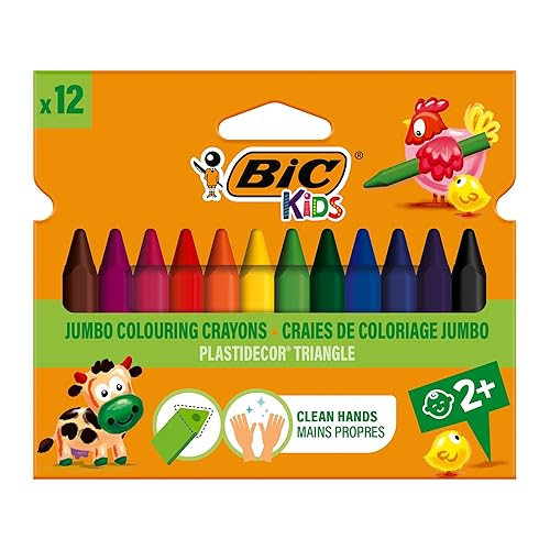BIC Kids Plastidecor Colouring Crayons - Cardboard Wallet of 12 - Assorted Colours - Ideal For Small Kids