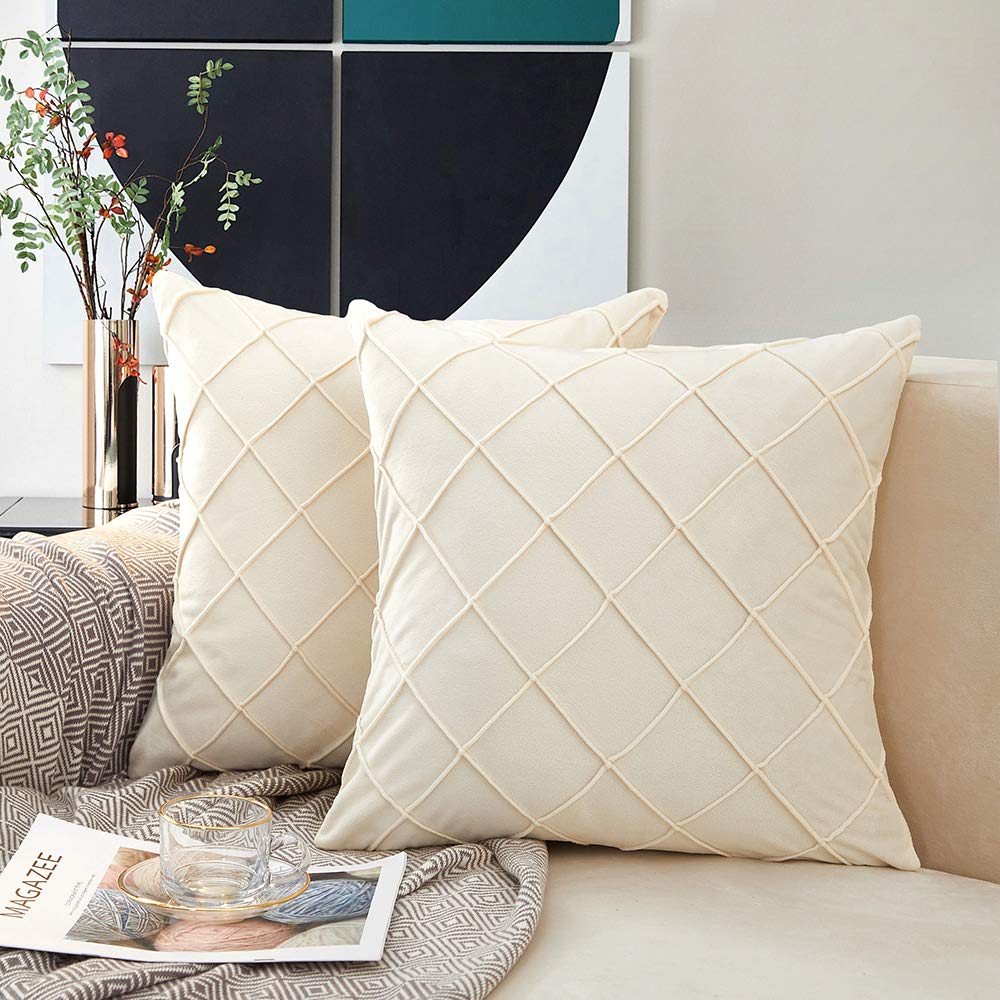 MERNETTE Pack of 2, Velvet Soft Decorative Square Plaid Throw Pillow Cover Cushion Covers Pillow case, Home Decor Decorations For Sofa Couch Bed Chair 18x18 Inch/45x45 cm (Cream)