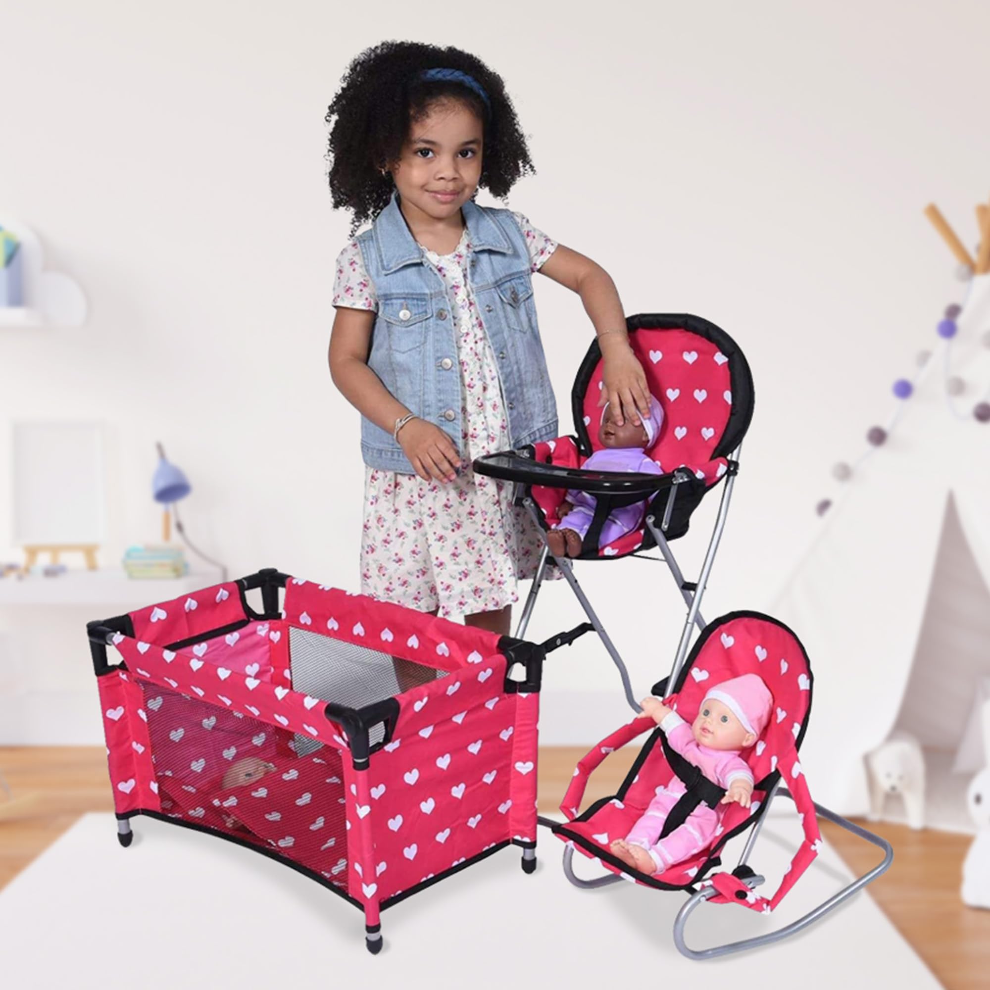 Mega Baby Doll Accessories Set, 3-1 Baby Doll Crib, Baby Doll High Chair & Bouncer Seat. 18 inch Doll Accessories with Doll Bed. 18