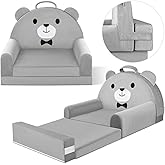 Kids Sofa Bed with Removable Washable Cover & Magic-Tape Backrest – Foldable Toddler Chair Kid Couch, Cozy Crystal Velvet Furniture for Playtime, Naps & Travel (Grey, Bear Design)