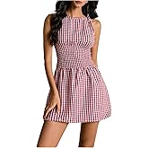 Floerns Women's Tie Shoulder A Line Gingham Dress Boat Neck Mini Checkered Elegant Dresses