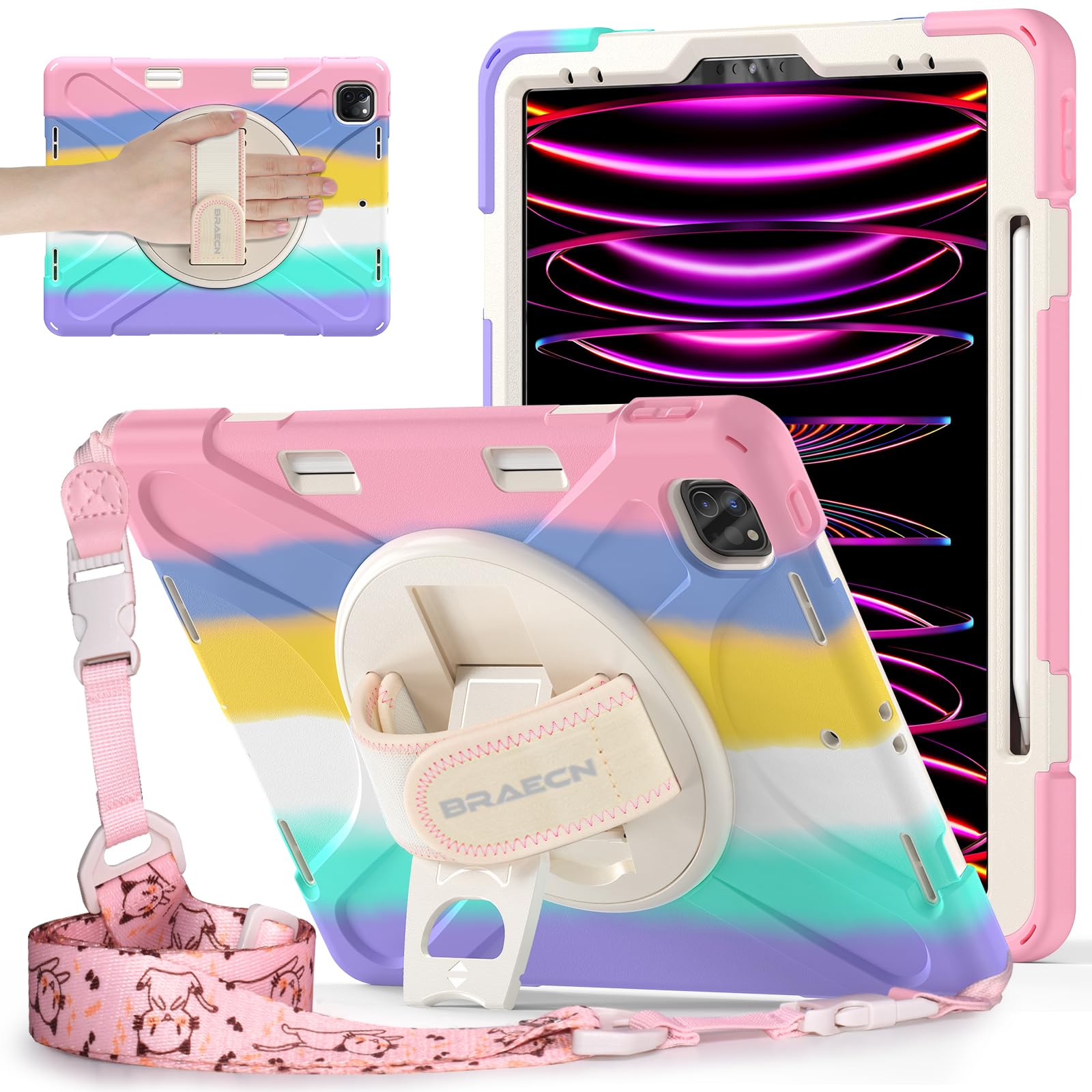 Photo 1 of BRAECNstock Kids Case for Apple iPad Air 13 inch (M3/ M2)/ Pro 12.9 inch 6th/5th/4th/3rd Geneation, Shockproof Protective Case with Pencil Holder, [360° Rotating Hand Strap + Stand], Colorful Pink