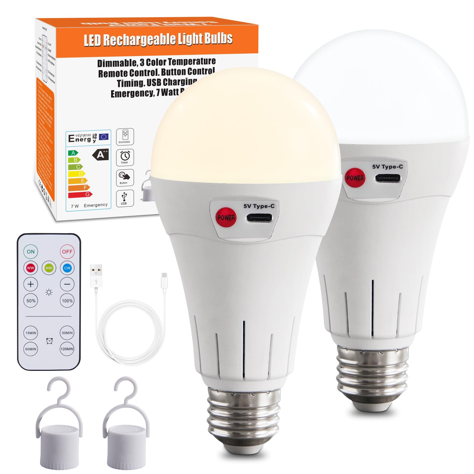 Photo 1 of Powfloven Cordless Rechargeable Battery Operated Light Bulbs with Remote, 2 Pack E26 Wireless LED Battery Powered Light Bulb for Non-Hardwired Lamps, 500LM, 3 Color Temperatures, Dimmable, Timer