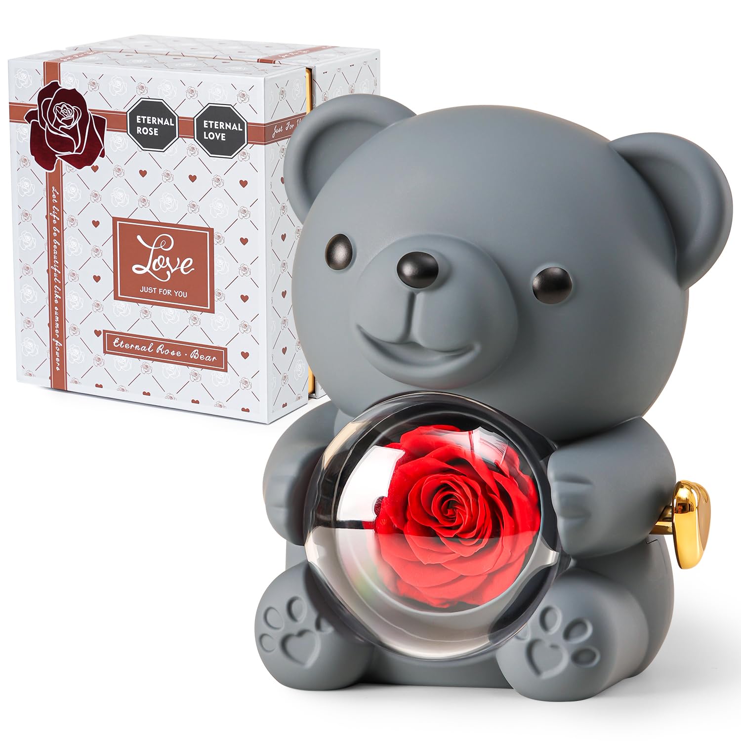 Ariceleo Grey Teddy Bear with Preserved Rose, Real Rose Flower in Bear, Elegant Gift Box, Heart-Shaped Necklace, Unique Gift for Valentine's Day, Mother's Day, Wedding, Anniversary, Bridal Showers