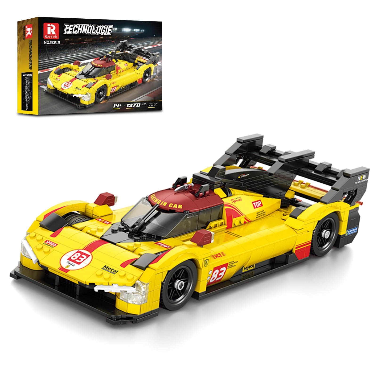 Reobrix Super Sport Car Building Block Sets, 11042 1:16 Racing Car Model Kit with Stickers, 12.59*5.31*3.15in Supercar Building Toys for Collection and Decoration, Gift for Motorsport Fans (1370 Pcs)