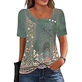 Soesdemo Short Sleeve Shirts for Women Asymmetrical Square Neck with Button Tops Casual Flowy Lightweight Summer Blouses