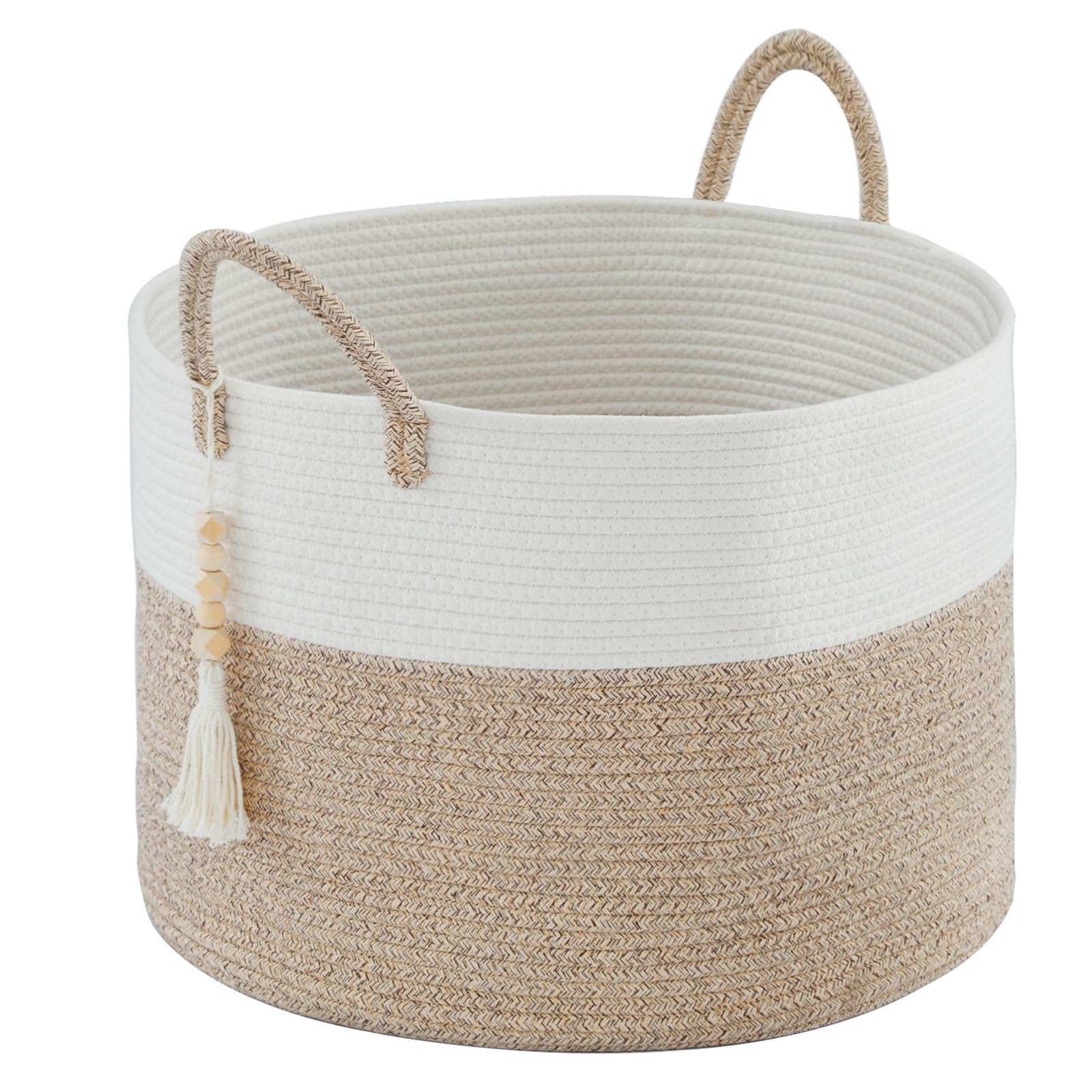 YOUDENOVA Laundry Basket With Wooden Hanging Bead, Toy Storage Basket for Kids, Cotton Rope Blanket Basket Large, Woven Storage Basket Nursery Decor Organiser Washing Basket With Handle 50x33cm Brown