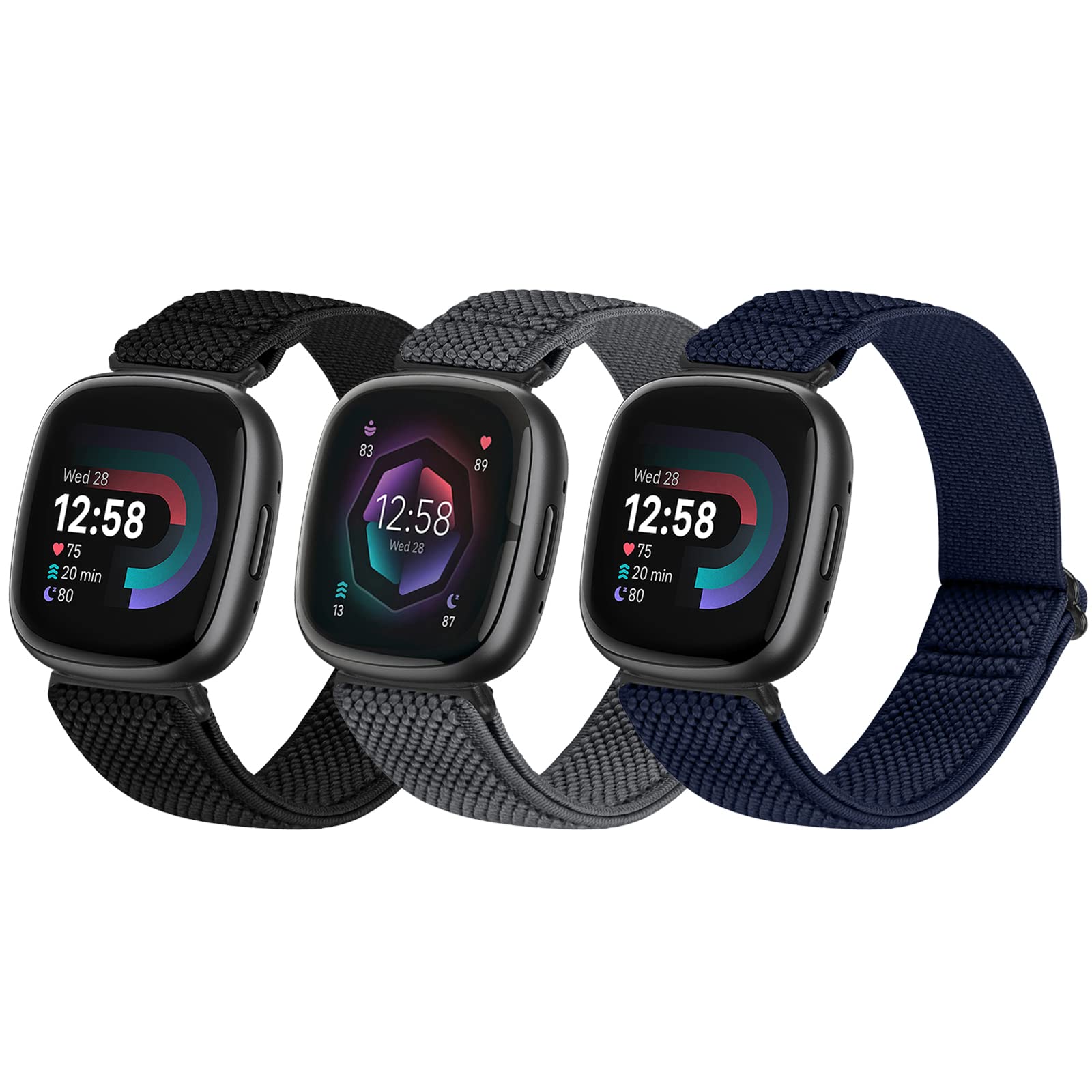SHIJZWD 3 Packs Elastic Watch Strap Compatible with Fitbit Versa 4/Versa 3/Fitbit Sense 2/Fitbit Sense, Soft Breathable Nylon Sports Loop Band Stretchy Adjustable Replacement Wristband for Women Men