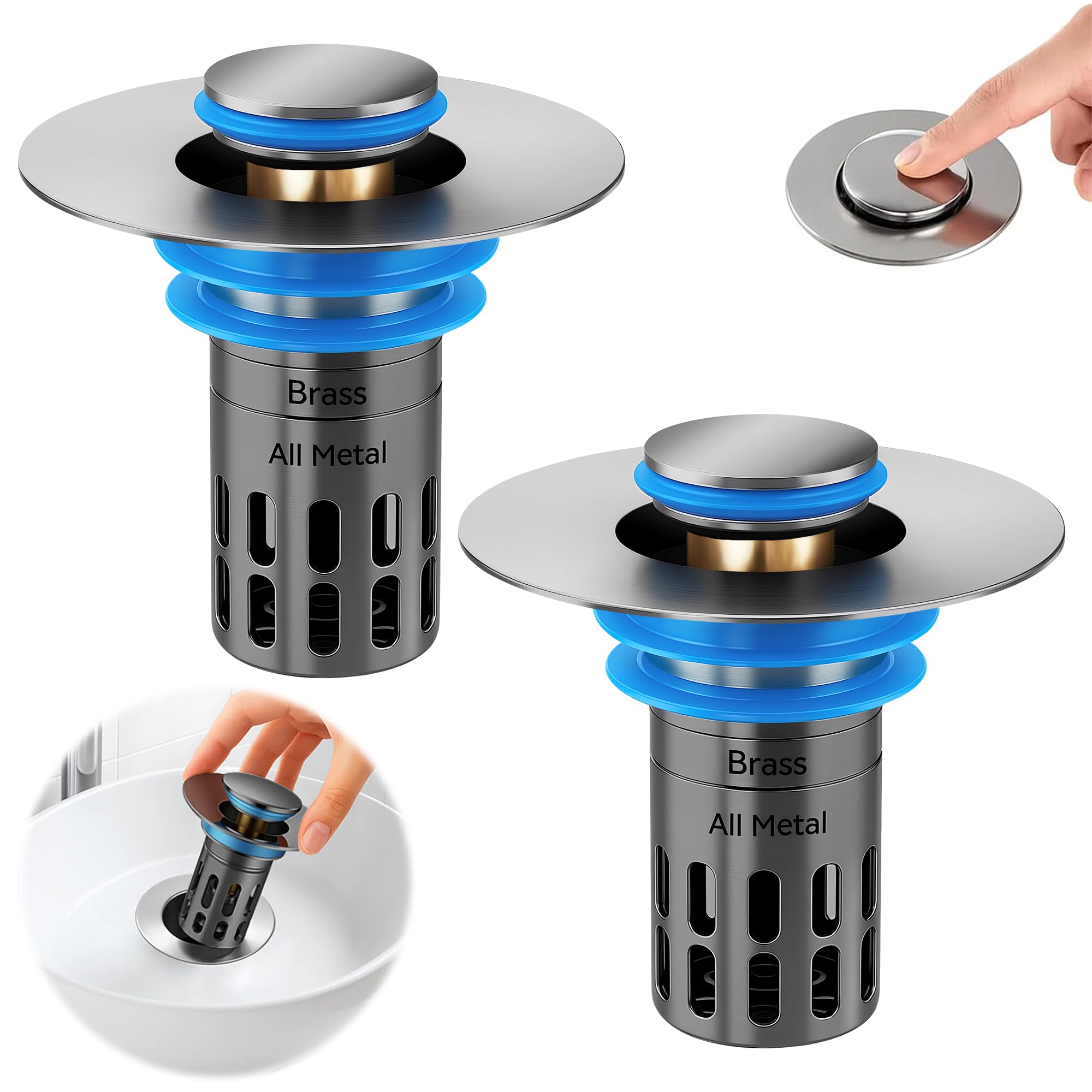 Photo 1 of (All Metallic) Bathroom Sink Plug, Pop-up Drain for Bathroom Sink, Sink Plug Hair Collector, Silent Popper Core with Removable Stainless Steel Filter Basket (Brushed Nickel, 2 Pack)