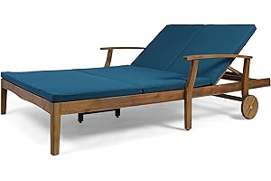 Great Deal Furniture Samantha Double Chaise Lounge for Yard and Patio, Acacia Wood Frame, Teak Finish with Blue Cushions