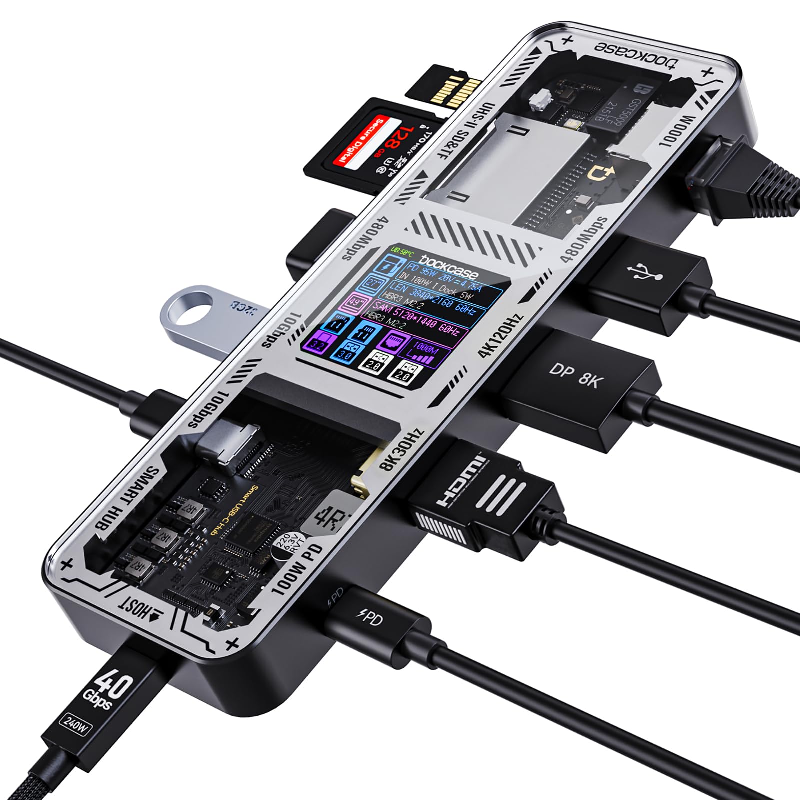 DOCKCASE Explorer Edition Docking Station 10-in-1 with DP&HDMI 4K@120Hz (Single), Gigabit Ethernet, 1 USB-C and 3 USB-A Ports, 100W PD, USB Hub UHS-II TF/SD Card Slot for Mac and Windows, Black