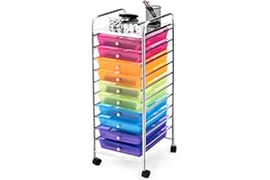 SILKYDRY Rolling Storage Cart with 10 Drawers, Versatile Utility Cart with Wheels for Tool Paper Scrapbook Art Supply, Mobile Craft Organizer Cart for Home Office School (Rainbow)