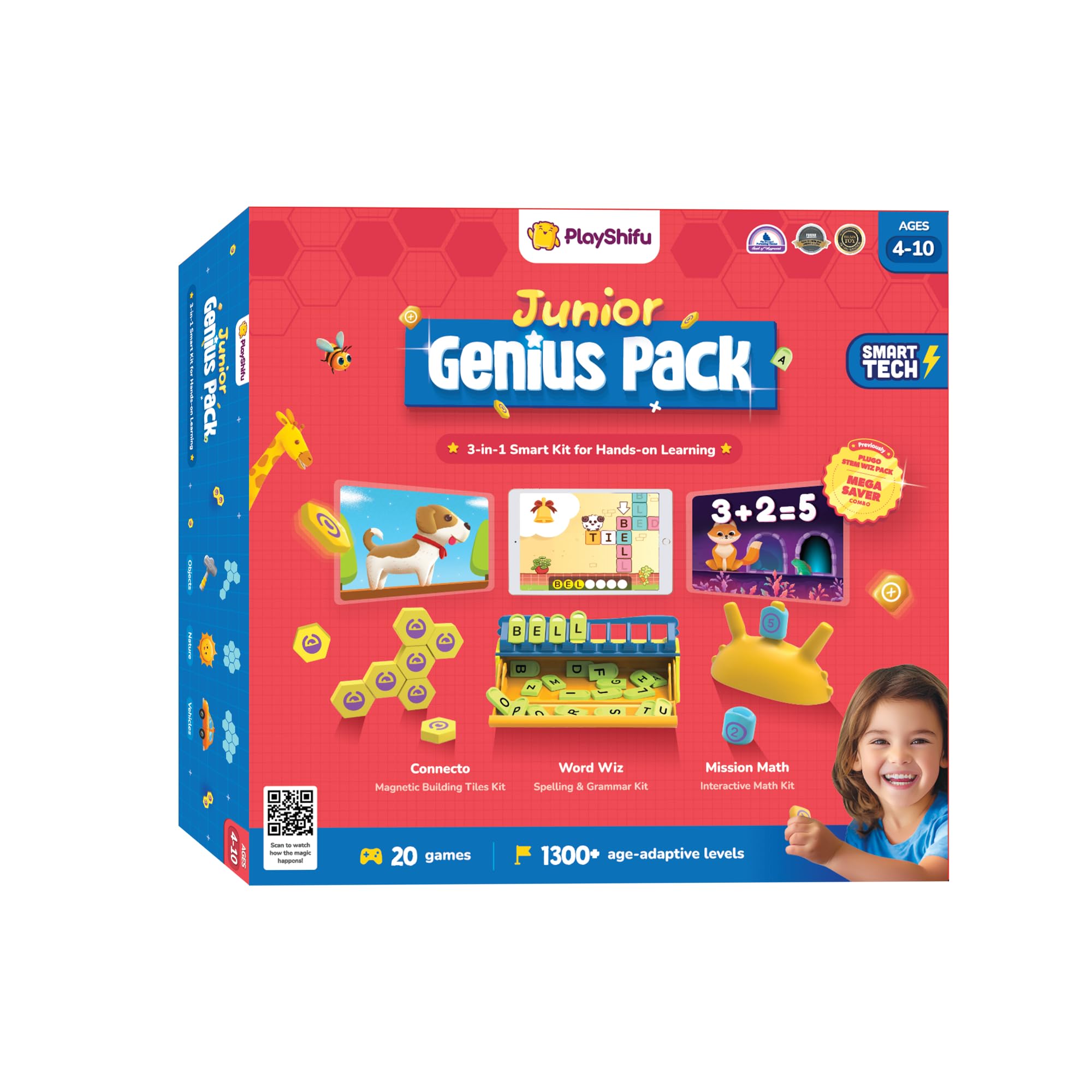 Photo 1 of PlayShifu Junior Genius Pack | 3-in-1 STEM Learning Kit with Word Wiz, Mission Math & Connecto | Tech-Powered Educational Toys for Kids Ages 4–10 | Gift for Boys & Girls | Tablet Not Included