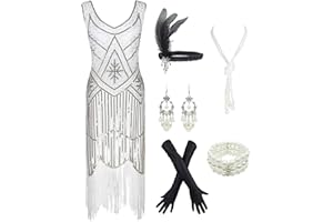 ESRTYERYH WOMEN COSTUME 1920s Gatsby Sequin Fringed Paisley Flapper Dress with 20s Accessories Set
