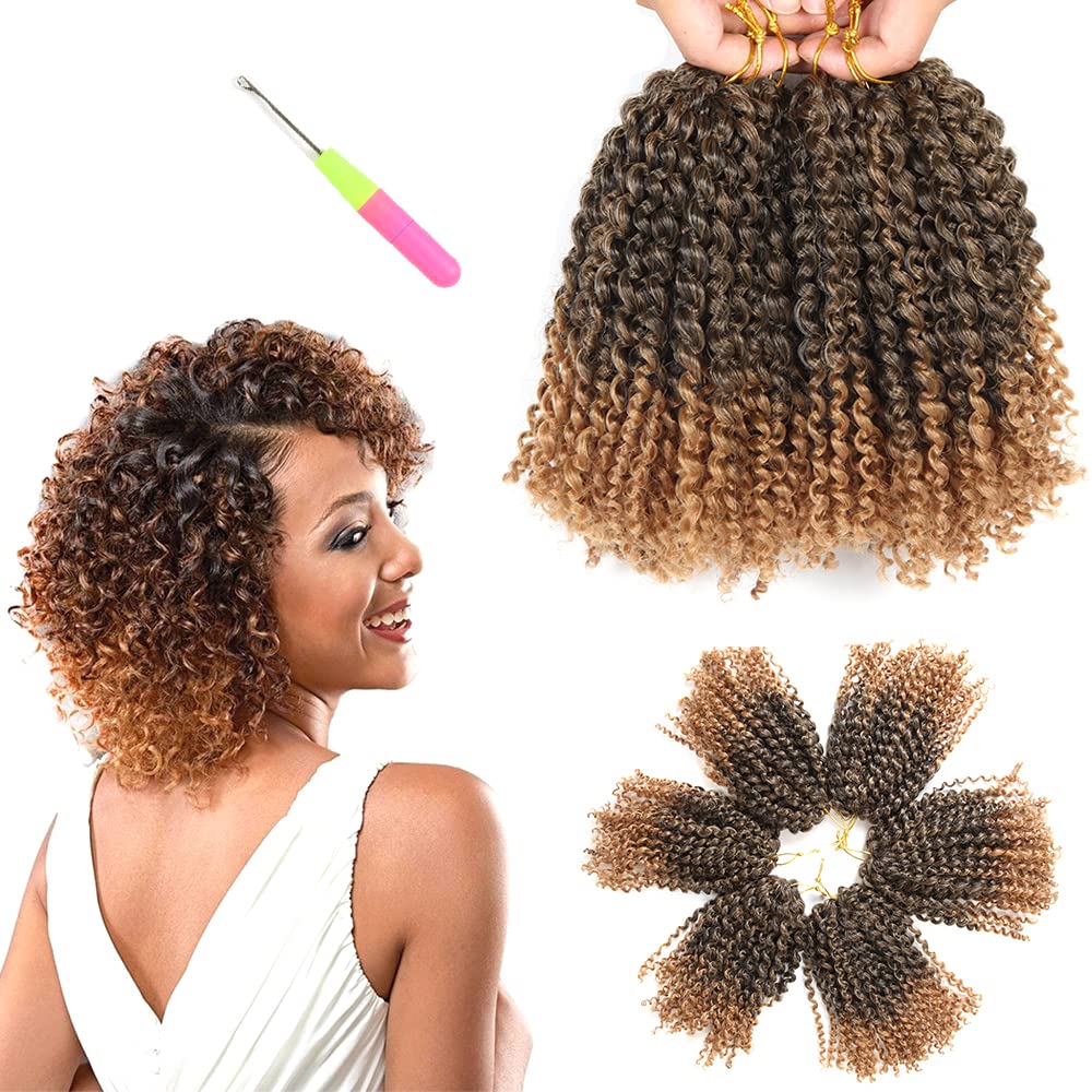 Photo 1 of 8 Inch Short Passion Twist Hair 6 Bundles Marlybob Crochet Hair Kinky Curly Crochet Hair for Black Women Water Wave Crochet Braids Hair for Butterfly Locs (1B/27#, 6Bundles8 Inch)