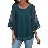 VAFOLY Women's Blouses Bell Sleeve Double Layers Casual Round Neck Embroidered Elegant Chiffon Tunic Top
