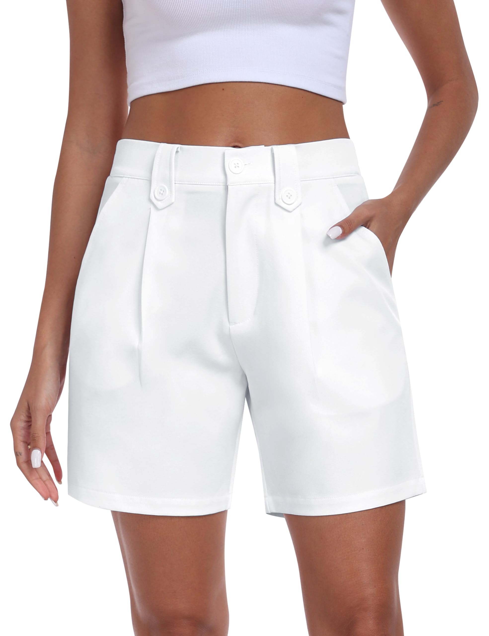 Photo 1 of MoFiz Dress Shorts for Women Business Casual Summer Pleated Tailored Elastic Waist Work Office Trouser Shorts with Pockets White S