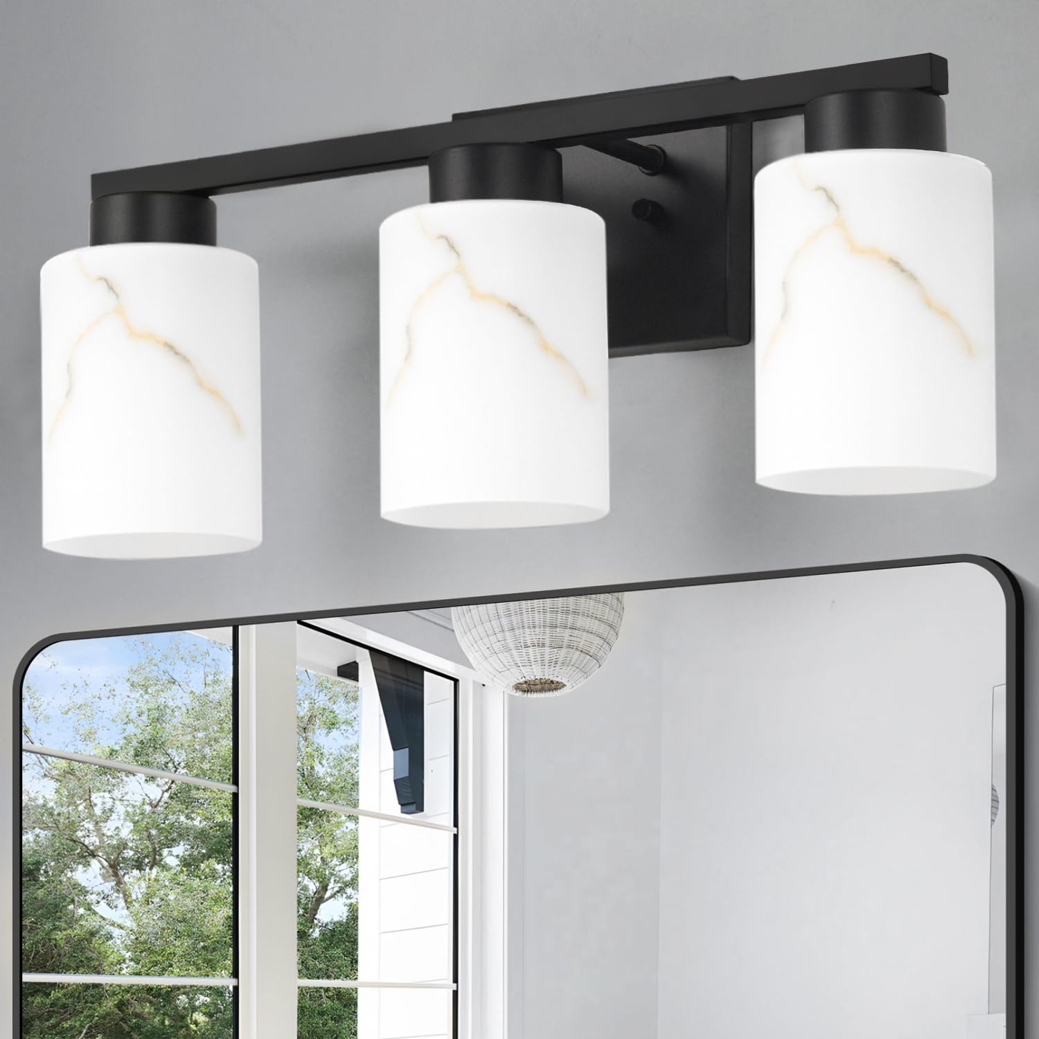 Photo 1 of Mieloxiy 3-Light Bathroom Light Fixtures, Modern Vanity Lights, Black Metal Wall Lamp with Handcrafted Art Glass for Bathroom, Mirror, Living Room, Bedroom, Cabinet, Porch, Hallway, E26 Base