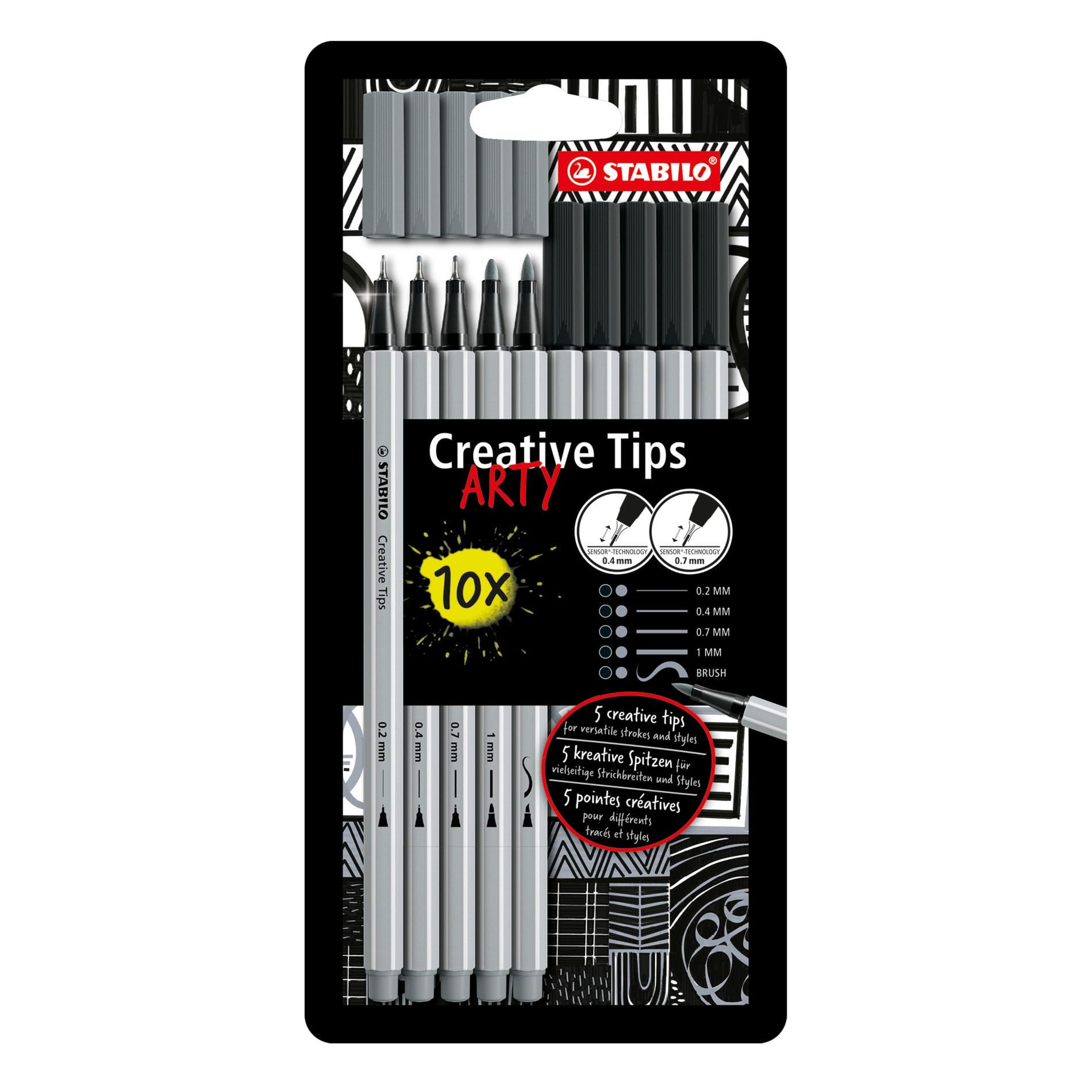 STABILO Creative Tips - Multi-Tip Pen Set - ARTY - Pack of 10 - Black and Light Grey